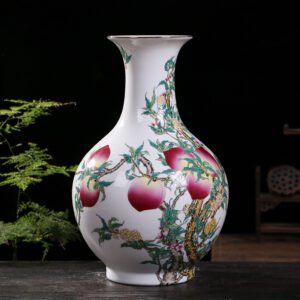 Antique Style Chinese Famille Rose Nine Peaches Vase – Jingdezhen Ceramic Decorative Flower Vase for Living Room