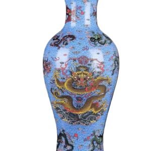 Caliber: 4.33 inches Height: 14.17 inches Diameter: 6.3 inches Handmade Jingdezhen luminous frosted yellow dragon patterned vase-blue