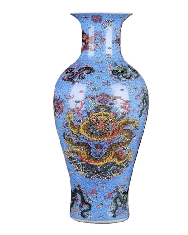 Caliber: 4.33 inches Height: 14.17 inches Diameter: 6.3 inches Handmade Jingdezhen luminous frosted yellow dragon patterned vase-blue