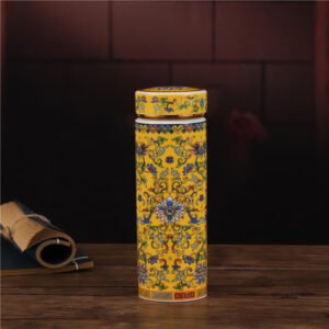 Hand-painted insulated ceramic tea mug in Famille Rose style from Jingdezhen. Double-layer porcelain design keeps drinks warm and hands cool .